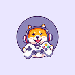 Cute Shiba Inu Dog Gamer Holding Joystick Cartoon