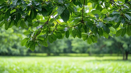 Obraz premium Lush green leaves overhanging a blurred park.