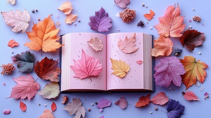 Autumn leaves on open book with pastel background for seasonal inspiration