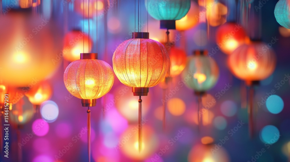 Poster colorful illuminated lanterns hanging in a serene atmosphere, providing a mesmerizing visual display