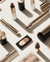 A variety of makeup items like lipsticks, contour kits, and eyeliners displayed on a clean white background, captured in sharp 4K focus to showcase the elegant design and textures of each product