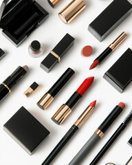 Obraz premium A variety of makeup items like lipsticks, contour kits, and eyeliners displayed on a clean white background, captured in sharp 4K focus to showcase the elegant design and textures of each product