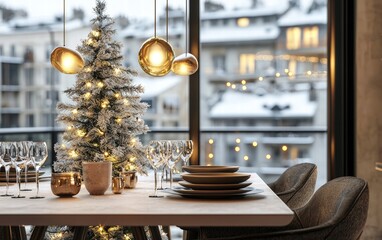 A contemporary holiday dining room with a small frosted Christmas tree, warm golden lights, and views of snow-covered rooftops outside