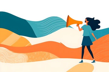 A woman is holding a megaphone and standing on a hill