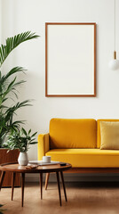 Cozy living room featuring a yellow sofa, green plants, and minimal decor for a bright and inviting atmosphere