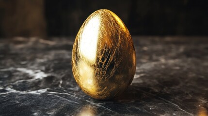 Fototapeta premium Close-up of a beautifully polished golden egg on a dark marble surface, illuminated by soft natural light, captured in 4K resolution