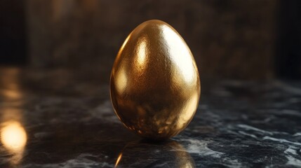 Fototapeta premium Close-up of a beautifully polished golden egg on a dark marble surface, illuminated by soft natural light, captured in 4K resolution
