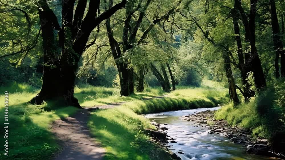 Poster sunlight filtering through trees illuminating a peaceful path alongside a small river flowing throug