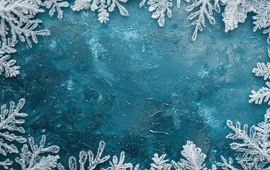 A frosty blue holiday background with white snowflakes and a clean, empty space framed by icy patterns for text