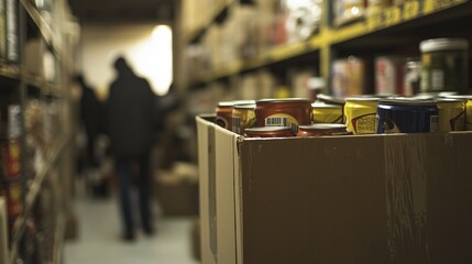 Canned goods in a warehouse symbolize emergency food stock and aid distribution.