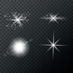 Flash light on black background. Vector glow sparkle effect. Abstract lens flare ignition. Flashing lights. Transparent background