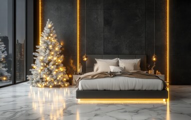 A luxury bedroom with marble flooring, a frosted Christmas tree, and warm golden fairy lights
