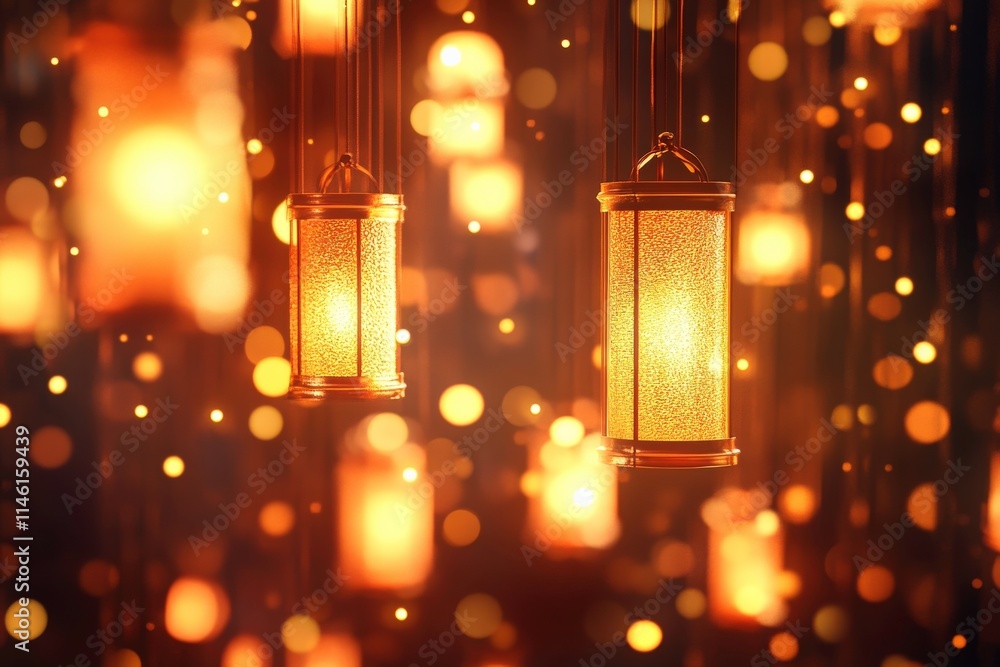 Poster glowing lanterns hanging in a dark space surrounded by sparkling bokeh lights creating a dreamy and 