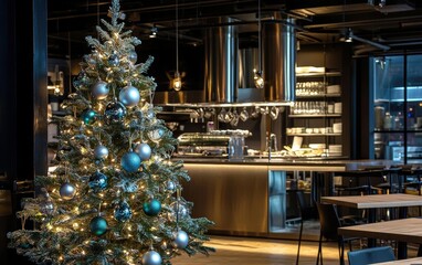 A modern Christmas tree with silver and blue ornaments, glowing near a sleek open kitchen in a trendy restaurant