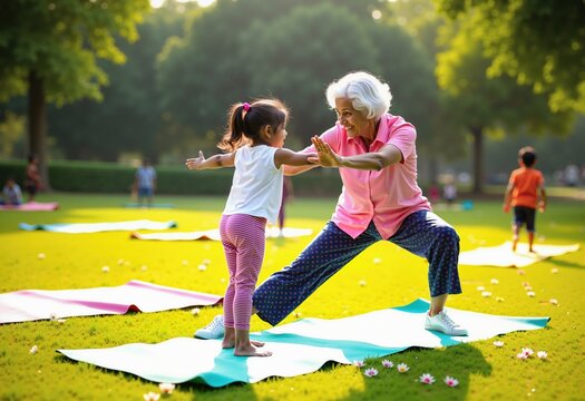 Elderly Indian Woman and Child Practicing Yoga in Open Park
