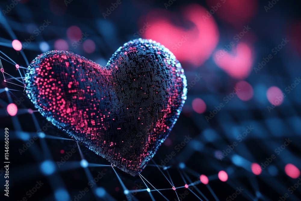 Poster Abstract Digital Heart Design with Glowing Particles and Network Background Representing Love, Emotion, and Connection in a Modern Concept Art Style