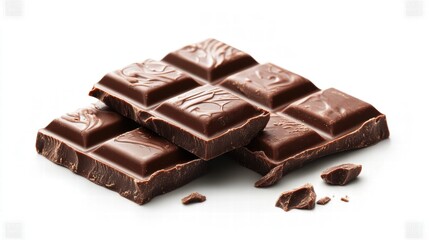 Fototapeta premium Delicious Dark Chocolate Squares on a White Background Ideal for Food Photography, Advertising, and Culinary Presentations