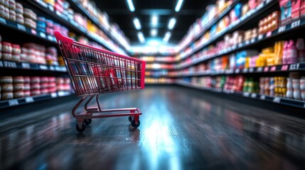 Empty Shopping Cart in Supermarket Aisle with Vibrant Shelves of Products in Background, Illustrating Consumerism and Retail Experience