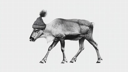 A whimsical illustration of a reindeer wearing a warm knitted hat, showcasing a playful blend of nature and fashion in a unique artistic style for creative projects