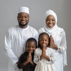 A Muslim family of four, dressed in white and black clothing, smiles and poses with hands clasped in prayer.