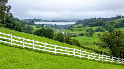 Misty valley view from a grassy hill with a white fence.