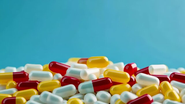 Pills on a light blue background. Multicolored vitamins with free space for text. Many different capsules. Pharmacy, chemistry. Abundance. Lots of antibiotics, drug. Herbal medicine, chemical industry