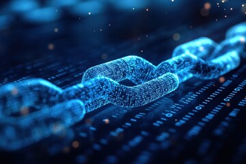 Digital Chain Link Representing Blockchain Technology with Glowing Binary Code on a Dark Background for Modern Tech and Security Concepts