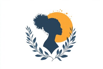 Elegant Silhouette of a Woman with a Natural Hairstyle Surrounded by Leaves and a Warm Sun Background, Representing Beauty and Grace in Contemporary Design