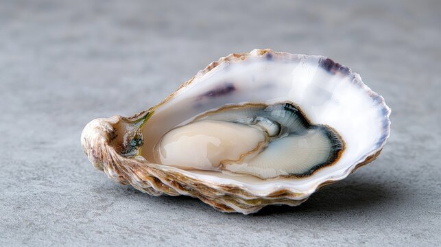 Single fresh oyster in shell on grey background.