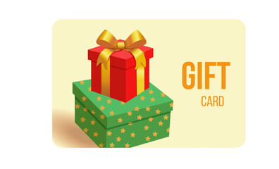 Vector Gift Card and Blank Gift Certificate with red  and green gift boxes Silk Ribbon and gold Satin Bow . Greeting or Sale Card, Isolated. Birthday, Christmas, Party Gifts, Invitation