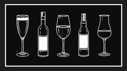 Variety of Alcohol Drinks Bottle and Glass Icons for Wine, Beer, and Whiskey