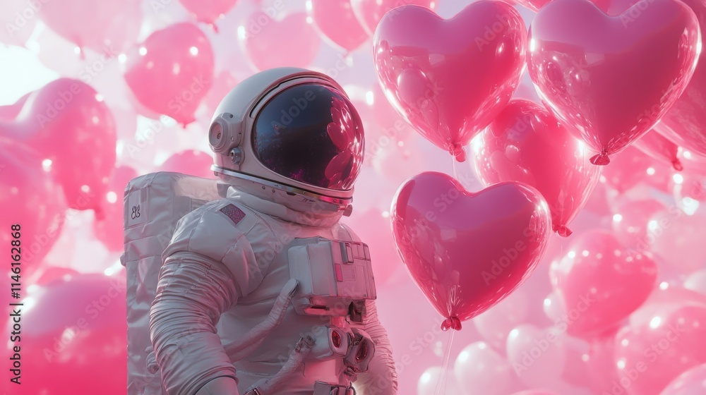 Poster an astronaut stands among a multitude of pink heart-shaped balloons, creating a playful and surreal 
