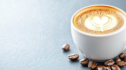 Latte art heart design in a white cup with coffee beans.