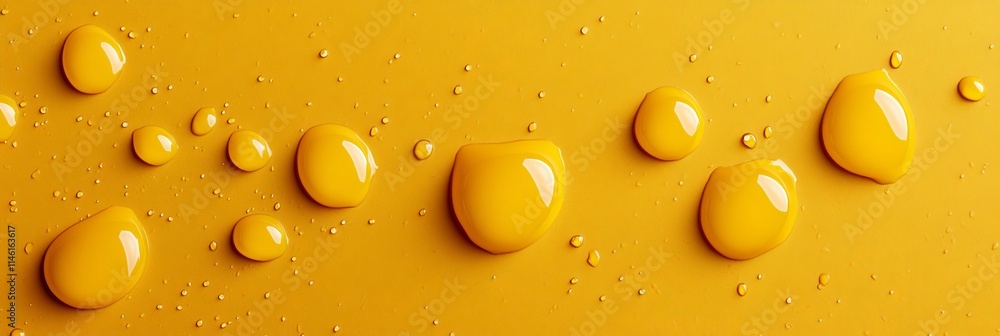Poster yellow liquid texture with shiny water drops of different forms. banner with copy space.