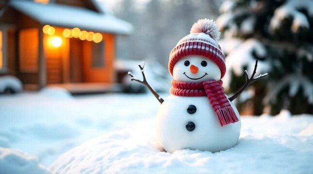 The snowman is spherical and white, wearing a red and white striped knit hat with a white pom-pom and a matching knit scarf. His arms are simple twig-like branches. The ground is covered in a layer of