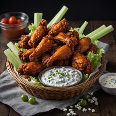 A basket of spicy buffalo wings with celery sticks and blue cheese dressing.

