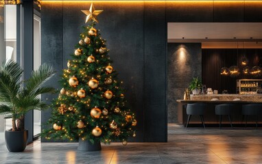 Fototapeta premium A vibrant Christmas tree with golden ornaments placed near the entrance of a chic modern restaurant