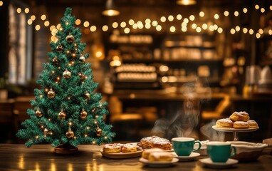 Fototapeta premium A vibrant green Christmas tree glowing softly near a seating area with steaming coffee cups and pastries