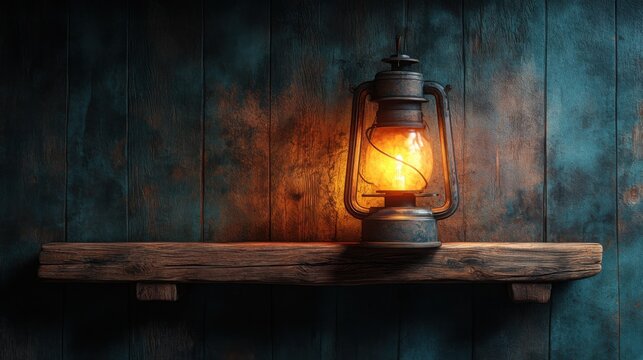 Glowing vintage lantern on rustic wooden shelf.