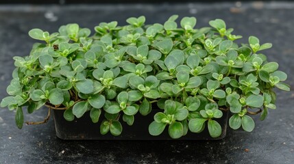Lush Green Plantlets Growing in a Small Black Pot