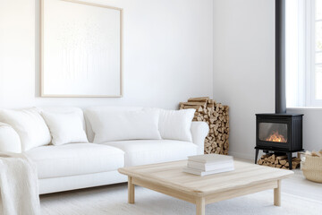 Cozy living room with white sofa and wooden accents by a fireplace