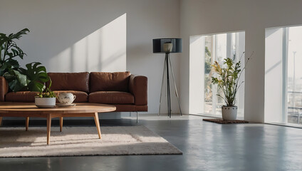 Modern Living Room Interior with Leather Sofa and Plants