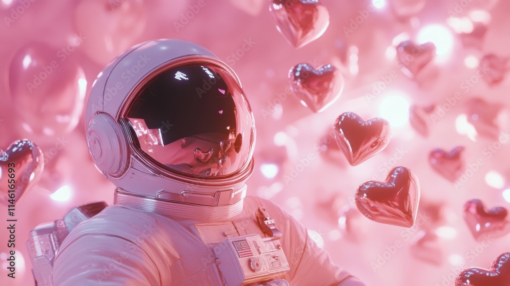 Poster An astronaut is suspended in a whimsical environment filled with luminous hearts. The soft pink background enhances the surreal atmosphere, creating a dreamlike experience of love and wonder.