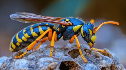 Close-Up View of a Colorful Wasps with Black and Yellow Stripes Crawling on a Natural Surface in a Detailed Macro Photography Capture