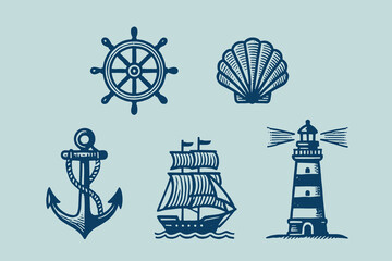 Hand-drawn nautical icons with smooth lines on a blue background