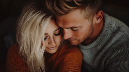 Intimate Moment Between Couple with Soft Gaze and Gentle Embrace in Cozy Sweaters, Capturing Love and Connection in Warm Autumn Tones