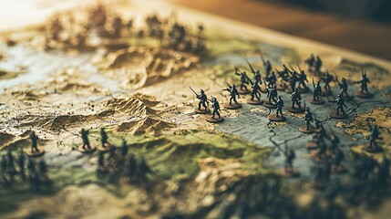 Naklejka premium Close-up of detailed military strategy map with miniature soldiers and terrain models on wooden table for tactical planning and battlefield simulation.
