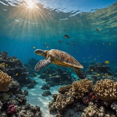 Obraz premium A stunning coral reef with a sea turtle swimming among the bright coral.