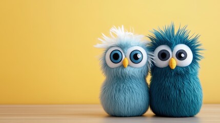 Two vibrant, fluffy owl plushies stand side by side against a cheerful yellow backdrop, This playful image is perfect for children's products, educational materials, or promotional content,