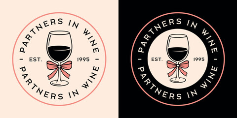 Partners in wine besties girls best friends Galentine's Day bachelorette party funny quotes matching round badge shirt design. Coquette glass with bow pink black aesthetic printable theme decor card.